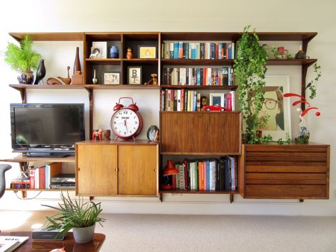 Mid Century Wall Shelves, Royal System Shelving, Mid Century Shelving, Mid Century Wall Unit, Bertoia Side Chair, Mid Century Modern Bookcase, Built In Bookshelves, Mid Century Living, Mid Century Modern Living Room