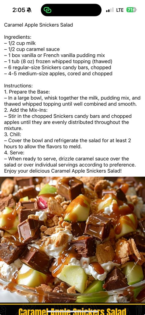 Caramel apple snickers salad Snicker Caramel Apple Salad Recipe, Carmel Snicker Apple Salad, Carmel Apple Snicker Salad Cool Whip, Snickers Apple Salad With Cream Cheese, Caramel Apple Snickers Salad, Snicker Apple Salad With Cream Cheese, Snicker Apple Salad Recipe, Snicker Salad Recipe, Snickers Salad Recipe