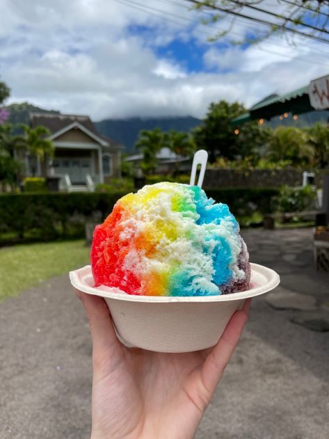 rainbow snow cone Ice Cream Aesthetic Pictures, Hawaiian Snow Cones, Hawaiian Ice Shave, Hawaii Shaved Ice, Shaved Ice Aesthetic, Shaved Ice Ideas, Rainbow Snowcone, Shave Ice Hawaii, Shaved Ice Recipe