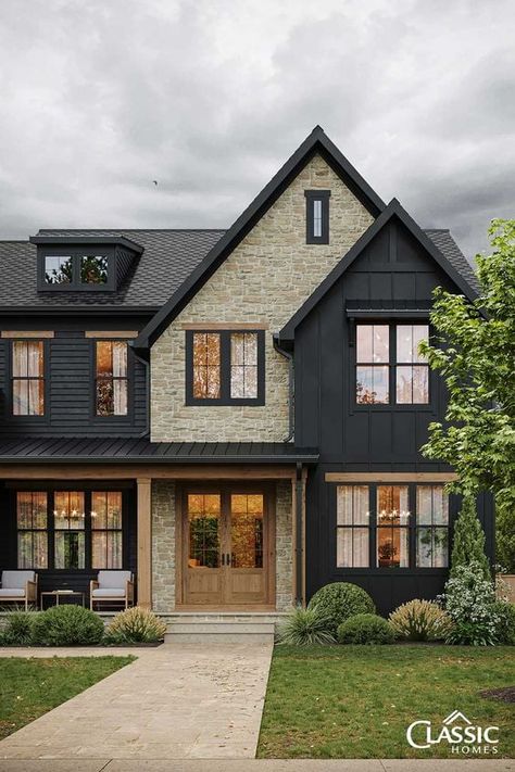 Top 15 House Exterior Trends for 2024 - Nikki's Plate Black House, Modern Farmhouse, White House, Front Door, Decor Ideas, Farmhouse, Trim, Exterior, Black And White