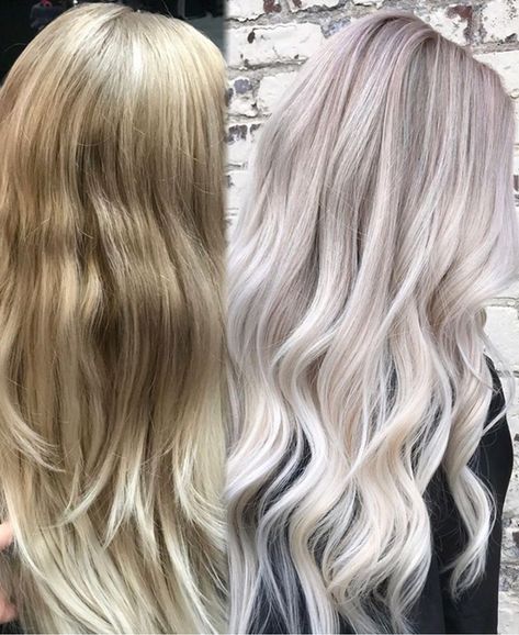 STEP 1: In foils with a balayage tip-out, lift using Redken Flash Lift (with PH Bonder added), working from 20 – 30 volume as you approach the top. STEP 2: Tone using Redken Shades EQ 9v/9t/9g/Clear. Blonde Back, Toner For Blonde Hair, Blonde Toner, Ice Blonde Hair, Medium Shag, Frosted Hair, Redken Hair Color, Yellow Blonde, Color Formulas