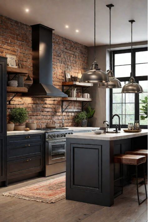 A mid-century modern kitchen with wood veneer cabinets and bold accent colors Moody Kitchen With Brick, Old Chicago Brick Backsplash, Black Cabinets Brick Backsplash, Faux Brick Wall In Kitchen, City Kitchen Aesthetic, Old German Houses Interior, Wood And Brick Kitchen, Dark Industrial Kitchen, Kitchen With Dark Walls