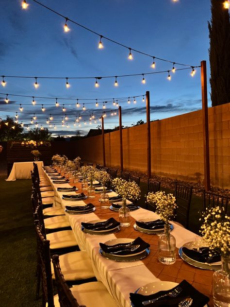 Backyard Lights For Party, At Home Backyard Wedding, Lights For Backyard Party, Backyard Cookout Wedding Reception, Backyard Simple Wedding Ideas, Backyard Patio Dinner Party, Simple Outdoor Dinner Party, Summer Backyard Wedding Ideas Receptions, Small Backyard Wedding Setup