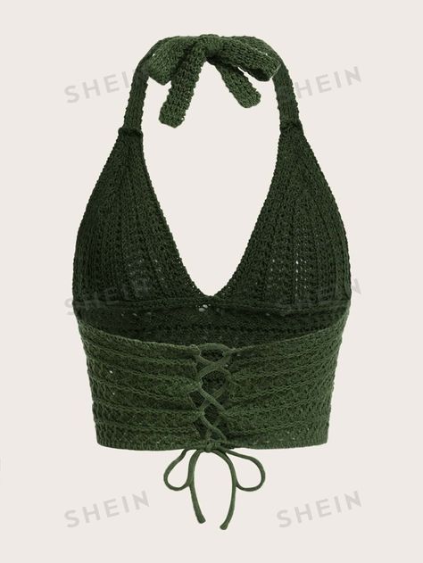 ROMWE Solid Tie Back Knit Top | SHEIN USA Crochet Halter Top Pattern, Halter Top Pattern, Crochet Halter Top, Crochet Tops Free Patterns, Crochet Bralette, Handmade Wardrobe, Crochet Halter, Crochet Halter Tops, Casual Sweater