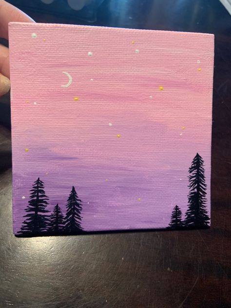 Pink and purple ombré background with black tree outline. Small crescent moon with some dotted stars throughout. Cute Sky Paintings, Easy Painting With Black Background, Ombre Painting Ideas On Canvas, Dot Painting Ideas Canvases, Painting Ideas On Canvas Backgrounds, Painting Ombre, Purple Drawing Easy, Black Tree Drawing, Painting On Pink Background