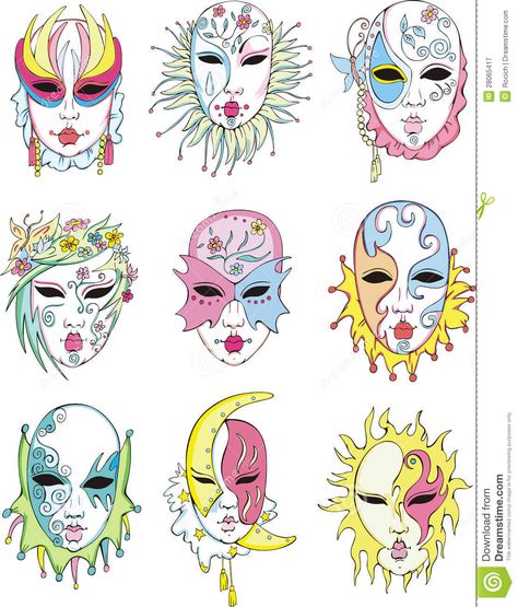 Women In Venetian Carnival Masks Stock Vector - Illustration of gras, vector: 28065417 Masks Art Drawing, Mask Pattern Drawing, Unique Masks Masquerade Ball, Painting Masks Ideas, Maskara Festival Mask Design Easy, Maskara Festival Design Ideas, Mask Art Ideas, Carnival Mask Drawing, Mask Design Ideas Drawing