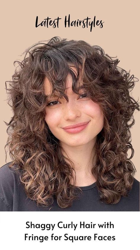 fringe-for-women-with-curly-hair-and-a-square-face Bangs For Square Face, Curly Hair Trends, Natural Curly Hair Cuts, Curly Hair Photos, Square Face, Haircuts For Curly Hair, Hairdos For Curly Hair, Curly Hair Inspiration, Curly Hair With Bangs