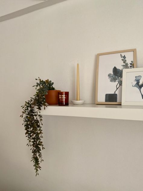 Shelf’s On Wall, One Long Shelf Decor, Greenery Shelf Decor, Ledge Decorating Ideas Bedroom, Shelf Above Sideboard, How To Decorate A Floating Shelf Living Rooms, Two Shelves On Wall, One Shelf Decor, Wall Shelf Above Tv