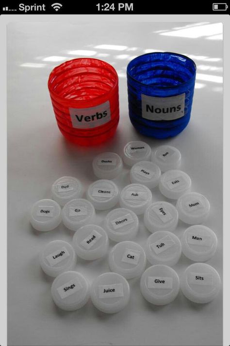 Verbs & nouns.. Recycled bottle and caps. (picture only) Teaching Verbs, Nouns And Verbs, Daily Water, Teaching Grammar, Literacy Stations, First Grade Reading, Teaching Literacy, Word Study, Language Activities