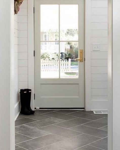 Forever Tile Inc (@forevertile) • Instagram photos and videos Exterior Mudroom Entrance, Laundry Room Exterior Door, Laundry Room Back Door Entrance, External Porch, Foyer Tile Ideas, Entryway Tile Floor, Backdoor Entry, Room Tiles Floor, Mudroom Remodel