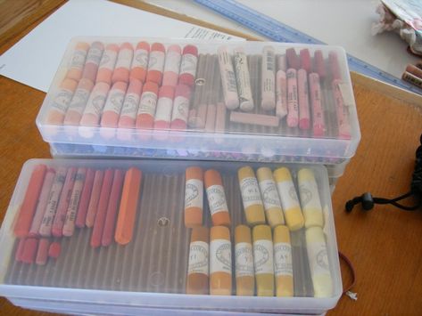 Pastel Boxes: plastic boxes bought on eBay - 2 layers in each, stack when closed WetCanvas Oil Pastel Storage, Sketch Accessories, Liquid Watercolor Storage, Pastel Storage, Ceramic Painters Palette, Pastels Paintings, Altoid Tin Watercolor Palette, Watercolor Palette Boxes, Pastel Artists