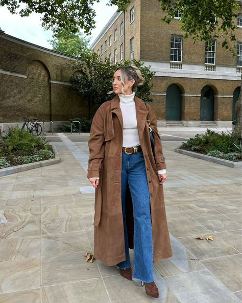 AND/ORSuki Suede Trench Coat, Tan curated on LTK Tan Trench Coat Outfit Winter, Suede Trench Coat Outfits, Suede Coat Outfit, Fall Trench Coat Outfits, Tan Trench Coat Outfit, Tan Coat Outfit, Freezing Weather Outfit, London Vacation Outfits, London Fall Outfits