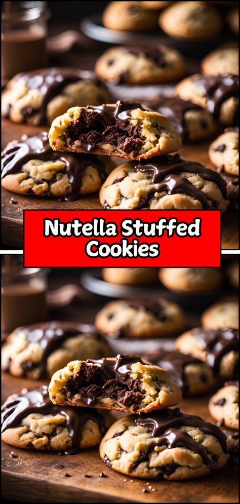 Indulge in the decadence of Nutella Stuffed Cookies! 🍪✨ These soft and chewy cookies are generously filled with creamy Nutella, creating a delicious surprise in every bite. The rich chocolate hazelnut filling pairs perfectly with the buttery cookie dough, making these treats an irresistible dessert for any occasion. #NutellaStuffedCookies #Baking #SweetTreats #ChocolateLovers #CookieIndulgence Nutella Stuffed Cookies, Hazelnut Filling, Buttery Cookie, Stuffed Cookies, Chewy Cookies, Nutella Cookies, Buttery Cookies, Cookies Recipes, Chewy Cookie