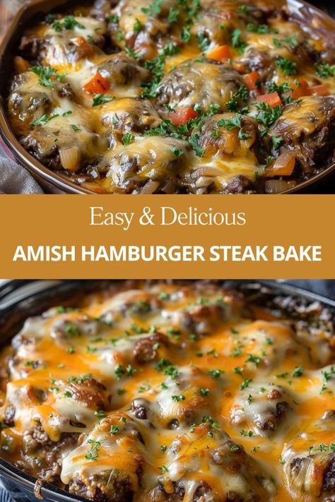 Amish Hamburger Steak Bake Ideas For Hamburger Meat Dinners, Hamburger Steaks Recipes, Recipes Made With Hamburger Meat, Hamburg Skillet Recipes, Pioneer Woman Hamburger Steak, Dinner Made With Hamburger, Quick And Easy Dinner Recipes Hamburger, Main Dishes With Hamburger, Fall Meals Dinners Beef