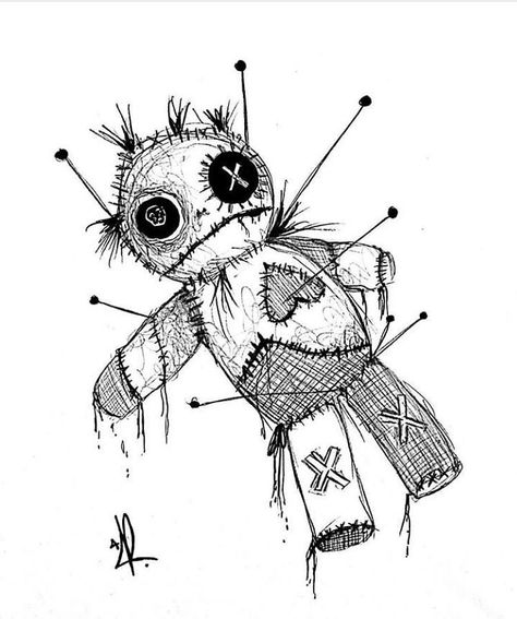 Voodoo Doll Drawing Cute, Voodoo Doll Sketch Drawings, Voodoo Drawing Sketch, Creepy Voodoo Doll Drawing, Voodoo Dolls Art, Voodoo Doll Art Drawing, Spooky Sketches Halloween, Voodoo Art Drawing, Haunted Doll Drawing