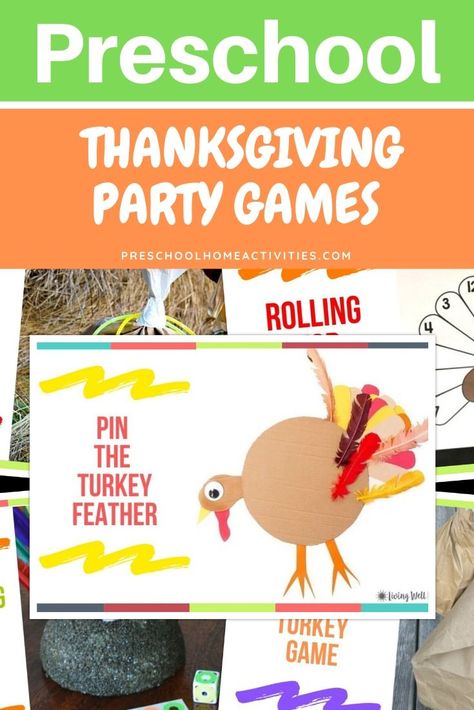 Preschool Thanksgiving Party Games - Preschool Home Activities - Pin The Turkey Feather - Stuff The Turkey Game - Turkey Leg Ring Toss - Rolling For Turkeys - Thanksgiving Kids Games #preschoolthanksgivingpartygames #preschoolthanksgivingactivities #preschoolthanksgivingfeast #preschoolthanksgivingprintables #preschoolthanksgivingparty #preschoolthanksgivinggames #preschoolthanksgivingtheme Preschool Thanksgiving Party, Thanksgiving Party Games, Turkey Games, Games Preschool, Fun Thanksgiving Games, Preschool Thanksgiving, Thanksgiving Games For Kids, Thanksgiving Kindergarten, Thanksgiving Classroom