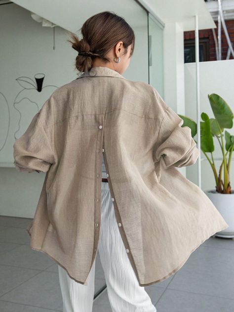 DAZY Women Fashion Solid Color Long Sleeve Button-Up ShirtI discovered amazing products on SHEIN.com, come check them out! Linen Style Fashion, Drop Shoulder Shirt, Linen Shirts Women, Modest Wear, Women Blouses, Plain Shirts, Womens Long Sleeve Shirts, Casual Style Outfits, Long Shirt