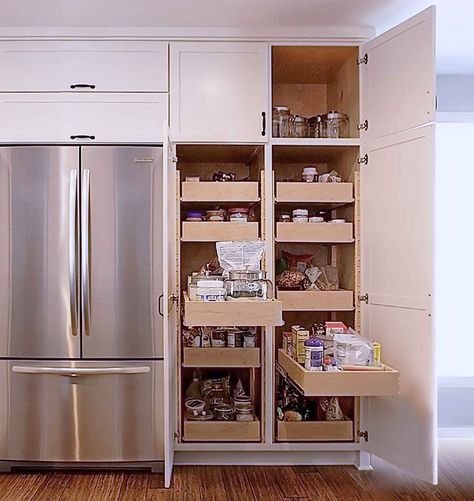 Refrigerator Pantry Cabinet, Single Pantry Cabinet, Pantry Cabinet By Refrigerator, Fridge With Pantry Cabinet, Kitchen Pull Out Pantry Design, Kitchen Pantry Cabinet With Pull Out Drawers, Pantry Cabinet Shelves, Kitchen Cabinet Food Storage, Double Pantry Cabinet Ideas