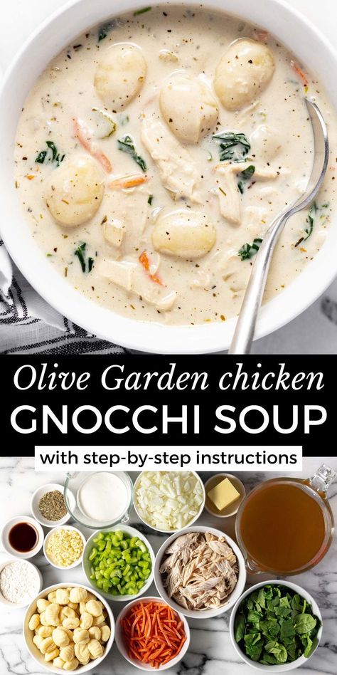 If you love chicken and gnocchi soup at Olive Garden, you are going to LOVE LOVE LOVE this recipe. This homemade version tastes even better than the popular chain restaurant and comes together all in one pot in less than 30 minutes! It's filled with shredded chicken, pillowy gnocchi, and tender veggies in a super creamy, herb-filled broth. Olive Garden Chicken Gnocchi Soup Dairy Free, Chicken And Noche Soup Olive Garden, Chicken Knocki Soup, Chicken N Gnocchi Soup, Chicken Gonnoci Soup Recipe, Easy Gnocchi Soup Recipes, Olive Garden Potato Gnocchi Soup, Copycat Chicken Gnocchi Olive Garden, Chicken And Knoki Soup