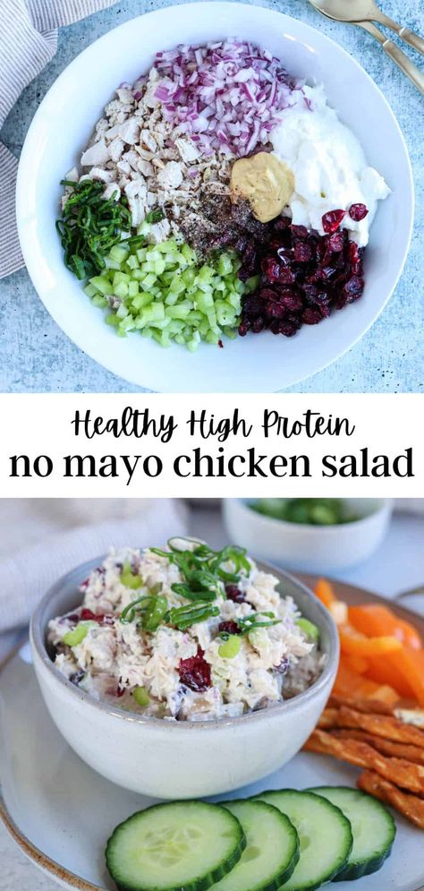 This Chicken Salad Without Mayo is creamy, crunchy and delicious. Made with celery, cranberries and Greek yogurt, it is absolutely packed with protein and great flavors. Thanks to a combo of Dijon mustard, lemon juice and vinegar, it is not bland, despite the lack of mayonnaise! Chicken Salad Without Mayo, Chicken Salad No Mayo, Greek Yogurt Chicken Salad, Yogurt Chicken Salad, Chicken Salad Recipe Easy, Healthy Chicken Salad, 140 Pounds, Protein Meals, Easy Salad Recipes