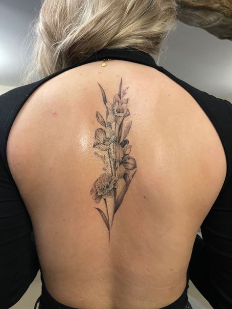 October Birth Flower Spine Tattoo, Wild Flower Back Tattoo, Flowers On Back Tattoo, Bouquet Back Tattoo, Wildflower Back Tattoo, Floral Spine Tattoos For Women, Symbolic Tattoos For Women, Flower Tattoo Placement, Side Back Tattoos