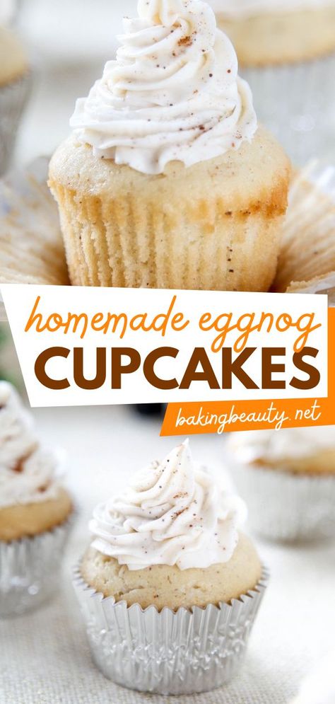 These Eggnog Cupcakes are a great addition to your Christmas dessert recipes! These decadent homemade cupcakes are topped with eggnog frosting. Add this sweet treat idea to your favorite holiday baking recipes too! Impressive Christmas Dessert, Christmas Cupcake Recipes, Eggnog Frosting, Eggnog Cupcakes, Christmas Sweets Recipes, Christmas Snacks Easy, Eggnog Dessert, Cupcakes Christmas, Creamy Eggnog