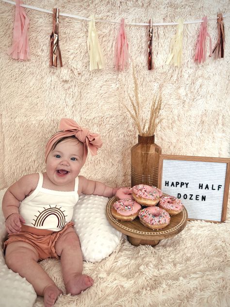 Half dozen themed 6 month old baby photo #6monthsold #photoshoot #donutsgourmet #babygirl #milestones 9 Months Old Photo Ideas, 2month Photoshoot Ideas, May Monthly Milestone Picture, Half Birthday Photo Ideas, 6 Month Photoshoot Theme, Half Way Around The Sun 6 Months Photoshoot, 6 Month Photo Shoot Babygirl, Six Months Birthday Ideas, 6 Month Easter Pictures