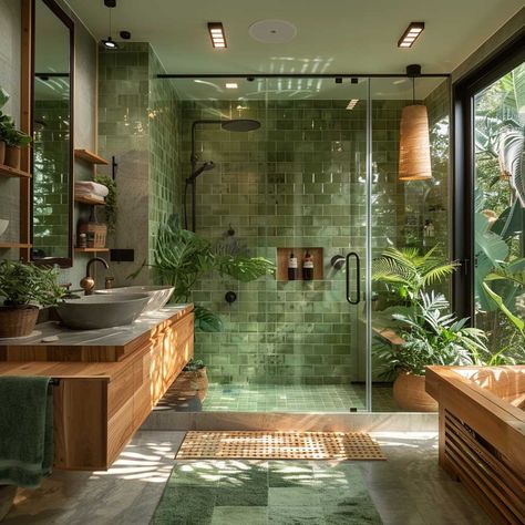 7+ New Bathroom Ideas in Green for a Refreshing Look • 333+ Art Images Tropical Bathroom Design, Baie Vintage, Stilt House, Green Tile Bathroom, Inspiring Lifestyle, Plant Store, House Organization, New Bathroom Ideas, Bathroom Luxury