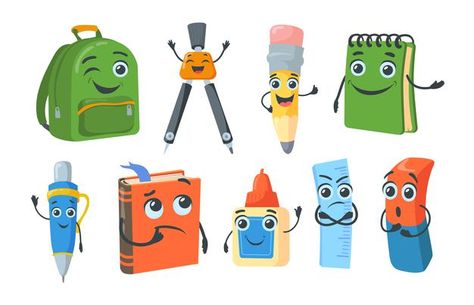 Bright school stationery characters flat... | Free Vector #Freepik #freevector #school #kids #education #character Admissions Poster, School Material, School Equipment, Friends Illustration, Happy Students, Character Flat, School Banner, Cartoon People, Online Lessons