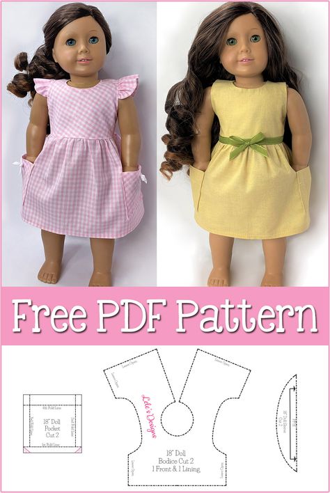 In this tutorial I will show you how to make a American Girl or 18" Doll Ruffle Dress. You have the option of adding the sleeves and/or pockets. This will give you many options of different dresses for your doll. free pdf sewing pattern included. sewing lessons 5” Doll Clothes Patterns, 14inch Doll Clothes Pattern Free, American Doll Dress Pattern Free, Doll Dresses Patterns Free, Doll Dresses Pattern, Dresses For Dolls Diy, Diy American Doll Clothes, Doll Dress Sewing Patterns Free, How To Sew A Doll Dress