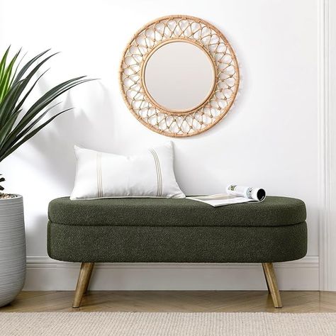 Amazon.com: ECLYL Oval Storage Bench 43.5" Linen Fabric Upholstered Entryway Bench with Solid Wood Legs Ottoman Bench Indoor Bench for Living Room/Bedroom/End of Bed/Entryway (Dark Green) : Home & Kitchen Small Bench For Bedroom, Boho Bedroom Bench, Bedroom Bench Ideas, Entryway Seat, Entryway Bench Ideas, Entryway Bench With Storage, Entry Way Bench, Bench For Living Room, Decorative Bench