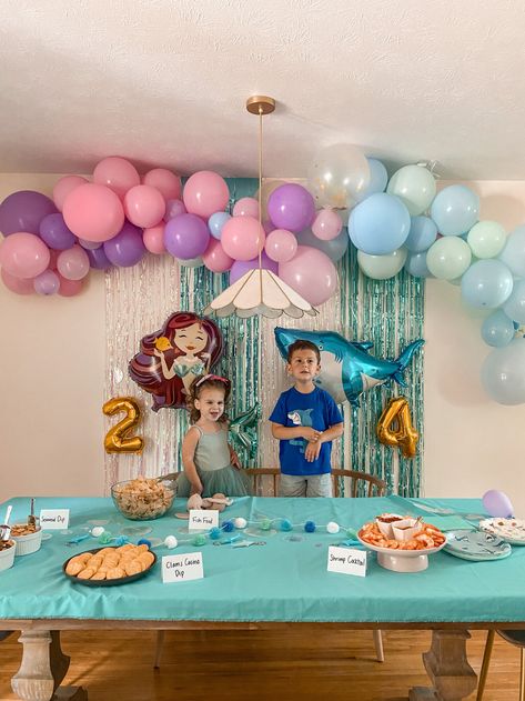 Shark and Mermaid Kids Birthday Party — Aratari At Home Combined Party Ideas, Brother Sister Party Themes, Boy And Girl Themed Birthday Party, Boy Girl Birthday Theme, Boy And Girl Party Themes Together, Coed Birthday Party Ideas Kids, Dual Birthday Party Themes, Shared Birthday Party Ideas, Shark Mermaid Birthday Party