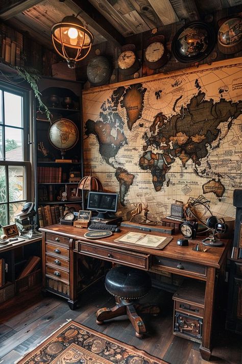 Moody Eclectic Office, Retro Home Office Ideas, Academic Maximalism, Black Walls Home Office, Antique Study Room, Witchy Office Ideas, Dark Academia Desk Aesthetic, Dark Academia Craft Room, Steampunk Aesthetic Room