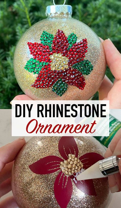 How to make a glittered poinsettia rhinestone ornament. Beautiful DIY bling ornament for your Christmas tree using Crystal rhinestones. Diamond Dotz Christmas Ornaments, Diamond Painting Ornaments, Bedazzled Diy Ideas, Diamond Art Ornaments, Diamond Dot Ornaments, Diy Bling Christmas Ornaments, Items To Rhinestone, Diamond Art Christmas Ornaments, Diamond Painting Christmas Ornaments