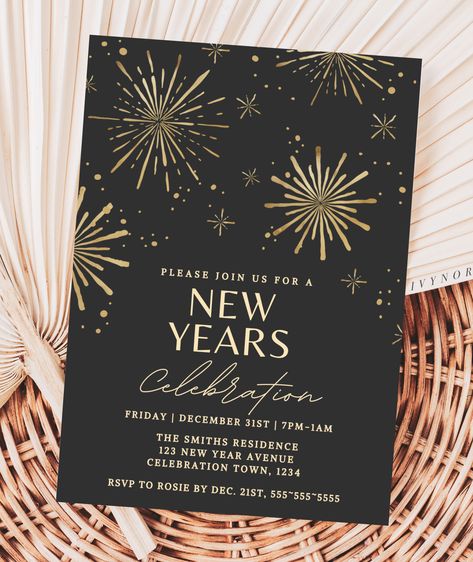 This editable New Years Eve Invitation is perfect for you if you're looking for a stylish, firework themed New Year Party invite that you can edit and print at home. New Year Invitation Card, New Year Party Invitation, New Years Party Invitation, New Years Eve Party Invitations, New Years Birthday Invitations, New Years Eve Invitation Template, New Year’s Eve Invitation, Black And Gold New Years Party Invite, New Years Eve Invitations