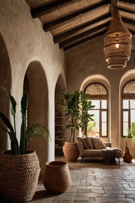 A cozy Mediterranean-style interior featuring arched doorways, rustic wooden ceilings, and natural decor like potted plants and woven rugs for a warm, inviting atmosphere. Natural Decor, Decor Elements, Cozy Lounge, Wooden Ceilings, Home Aesthetic, Warm Tone, Minimalist Chic, Dream Living, Furniture Layout