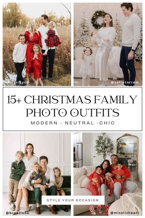 Looking for outfit inspo for holiday family photos? Check out my list of family Christmas pictures outfit ideas that are chic and modern!#FamilyOf4PhotoIdeas #DressyFamilyOutfits #FallFamilyPortraitInspiration Outfits For Family Christmas Pictures, Outfit Ideas For Christmas Pictures, Christmas Photos Ideas For Family, Holiday Family Photo Outfits 2024, What To Wear For Christmas Family Photos, Green Christmas Family Outfits, Black And White Christmas Outfits Family, Christmas Photoshoot Ideas Family Outfit, Holiday Family Photos Outfits