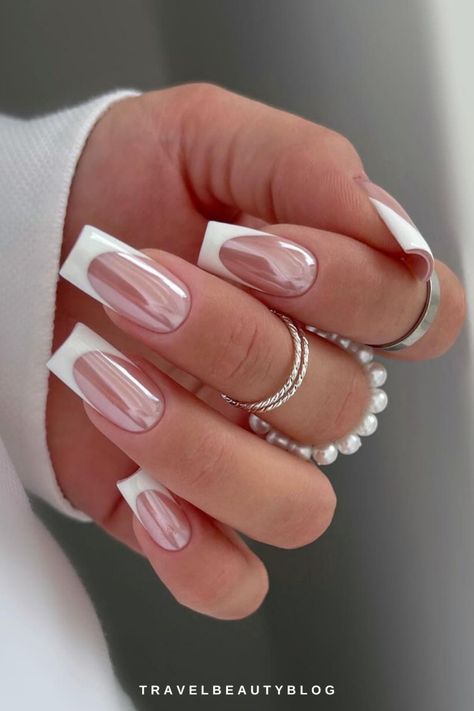 30 Gorgeous Chrome French Tip Nails Ideas To Easily Recreate Coffin French Tip Designs, Nails French Ideas Square, Nails For Special Occasion, Big Nails Designs, Square French Tip Color, French Tip With Chrome Square, French Tip Square Nails With Design, Nails White Tip Design, White On White Nails French