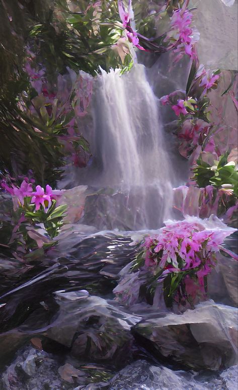 Waterfall With Flowers, Waterfall Pics, Fairy Waterfall, Waterfall Flowers, Drawing Library, Waterfall Fairy, Flower Waterfall, Fantasy Plant, Wall Plants Indoor