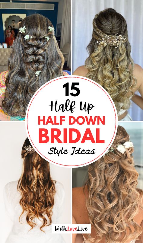 Unveil your perfect bridal hairstyle with these stunning half up half down ideas! Ideal for adding a touch of elegance while keeping your hair beautifully styled. Whether you’re going for boho or classic, we have you covered! 🌷👑 Be sure to save this pin for later! Bridal Updos Half Up Half Down, Wedding Hair For Bride With Veil Half Up, Beach Bridal Hair Half Up, Hair Styles Down For Wedding, Celebrity Half Up Half Down Hair, Simple Wedding Hairstyles Half Up Half Down, Updos Half Up Half Down, Wedding Hairstyles Half Up Half Down Bun, Easy Diy Wedding Hair Half Up