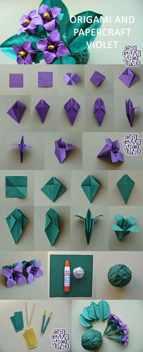 origami violet tutorial by OrigamiAround Origami Violet, Origami Flowers Tutorial, Tutorial Origami, Cute Origami, Origami Rose, Folding Origami, Origami Patterns, Instruções Origami, Origami Paper Art