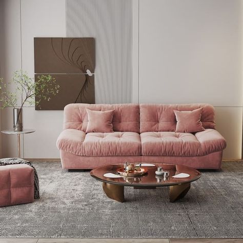 Modern Sanded Velvet Cloud Loveseat Sofa Sectional Couch for Living Room - On Sale - Bed Bath & Beyond - 39468932 Light Pink Couch Living Room Ideas, Couch And 2 Chairs Living Room Small Spaces, Pink Velvet Couch Living Room, Comfy Affordable Couch, Blush Couch Living Room Decor, Couches And Chairs Living Room, Pink Couch Decor, Beige Living Room With Pop Of Color, Mauve Couch