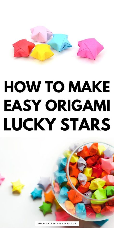 Glass bowl filled with tiny origami lucky stars shot from overhead. Folded Paper Stars, Origami Star Paper, Origami Lucky Star, Trending Crafts, Kids Origami, Cute Origami, Origami Patterns, How To Make Origami, Easy Origami