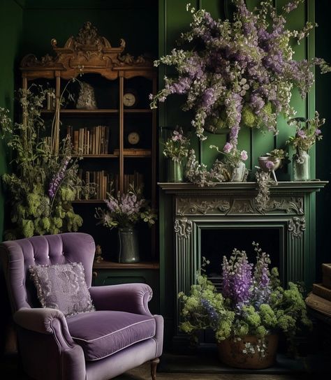 The Life Inside Your Head from Tumblr.com Bohemian Sitting Room, Rich Inspiration, Dark Green Office, Dark Academia Interior, Dark Green Rooms, Purple Living Room, Lavender Cottage, Moody Decor, Purple Bedrooms