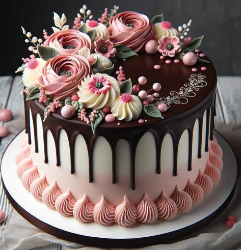 Cake Ideas For Wedding, Diy Floral Cake, Floral Cake Designs, Floral Cake Ideas, Beautiful Birthday Cake, Super Torte, Torte Creative, Designer Cake, Chocolate Cake Designs