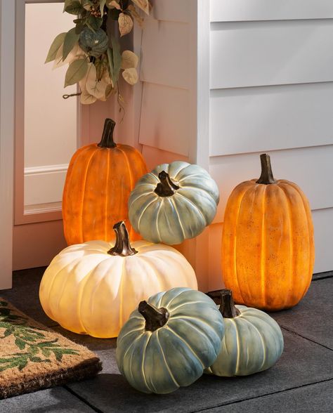 Give your front door a glow-up this Halloween with our Outdoor Pre-Lit Faux Pumpkins. Crafted from durable painted resin in chic shades, these faux pumpkins shine with battery-operated LED lights and a convenient 24-hour timer. Complete the look with our Pumpkin Patch UV Protected Faux Wreath & Garland. Available exclusively at Williams Sonoma—shop through our link in bio 🎃 Fall Decoration Ideas, Wine And Beer Fridge, Summer Cocktail Menu, Faux Wreath, Gallery Decor, Coastal Fall, Fall Porch Decor, Battery Operated Led Lights, Free Kitchen Design