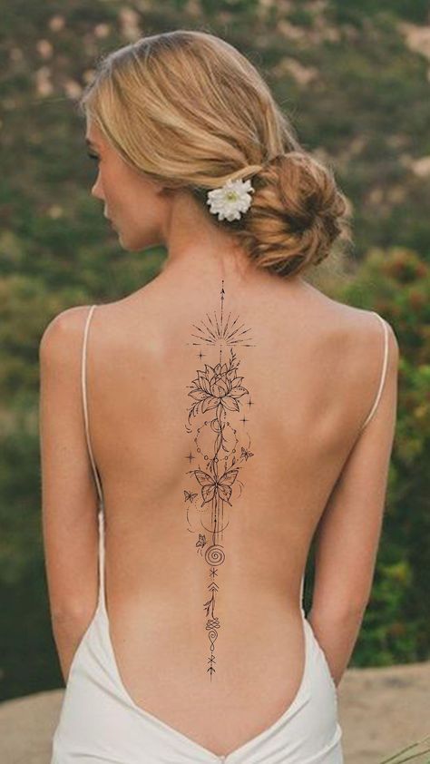 Spine Tattoos For Women Powerful, Spine Tattoo For Woman, Family Tree Spine Tattoo, Back Tatooes Ideas Woman, White Ink Back Tattoo Women, Tattoo Of Spine On Spine, Sacred Geometry Spine Tattoo, Solar Spine Tattoo, Viking Back Tattoo For Women