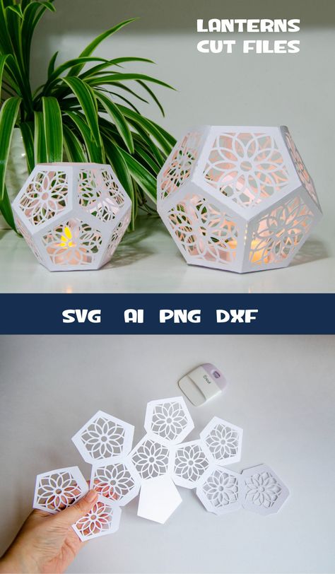 3D Paper Craft Cricut Paper Projects, Lantern Template, 3d Paper Projects, Lantern Svg, Christmas Fonts Free, Idee Cricut, Pentagon Shape, Folding Origami, 3d Svg