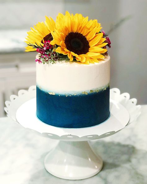 Navy blue and sunflower cake Just Because Cake, Navy Blue And Sunflower Wedding, Blue And Sunflower Wedding, Wedding Cake And Cupcakes, Legal Assistant, Sunflower Wedding Cake, Wedding Cake Navy, Sunflower Cake, Mousse Cake Recipe