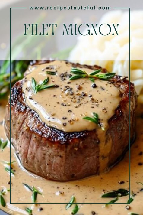 Indulge in a classic steak dinner with this Filet Mignon topped with a rich and creamy peppercorn sauce. Perfect for special occasions or a luxurious weeknight meal, this dish is sure to impress your family and friends. Filet Toppings, Filet Mignon With Creamy Parmesan Mustard Sauce, Filet Mignon Oscar Style, Filet Mignon With Red Wine Sauce, Gravy For Filet Mignon, Sauce To Serve With Steak, Christmas Filet Mignon, Steak And Peppercorn Sauce, Grilled Filet Mignon Recipes